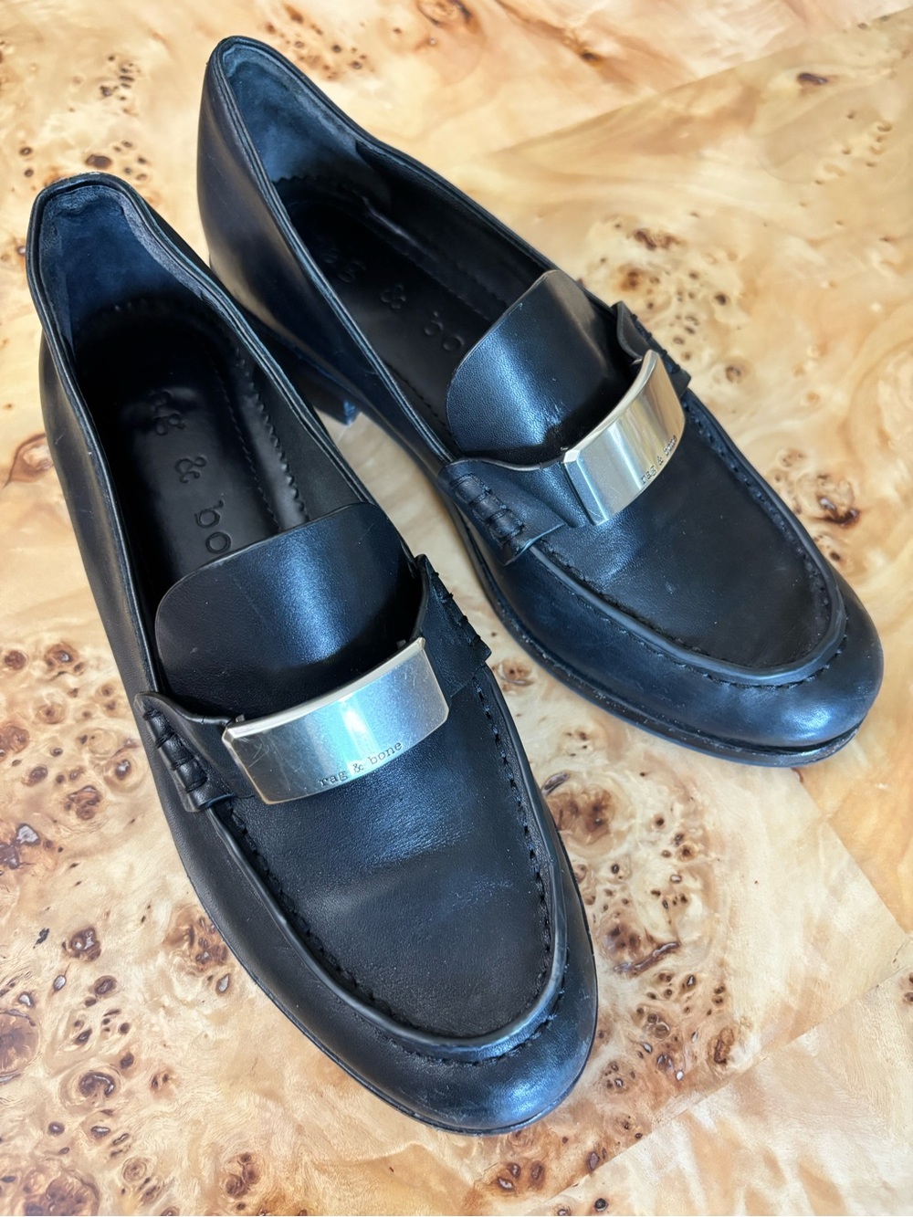 Rag & Bone Women’s Black Leather Loafers with Silver Accent